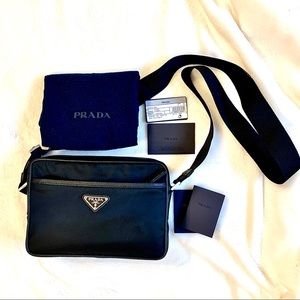 Nylon shoulder bag with Saffiano leather trim